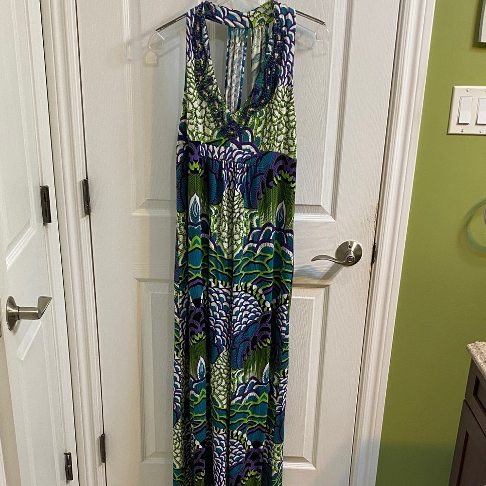 Faith Beaded Peacock Maxi Halter Neck Dress Women’s Large NWT Dragon Mermaid